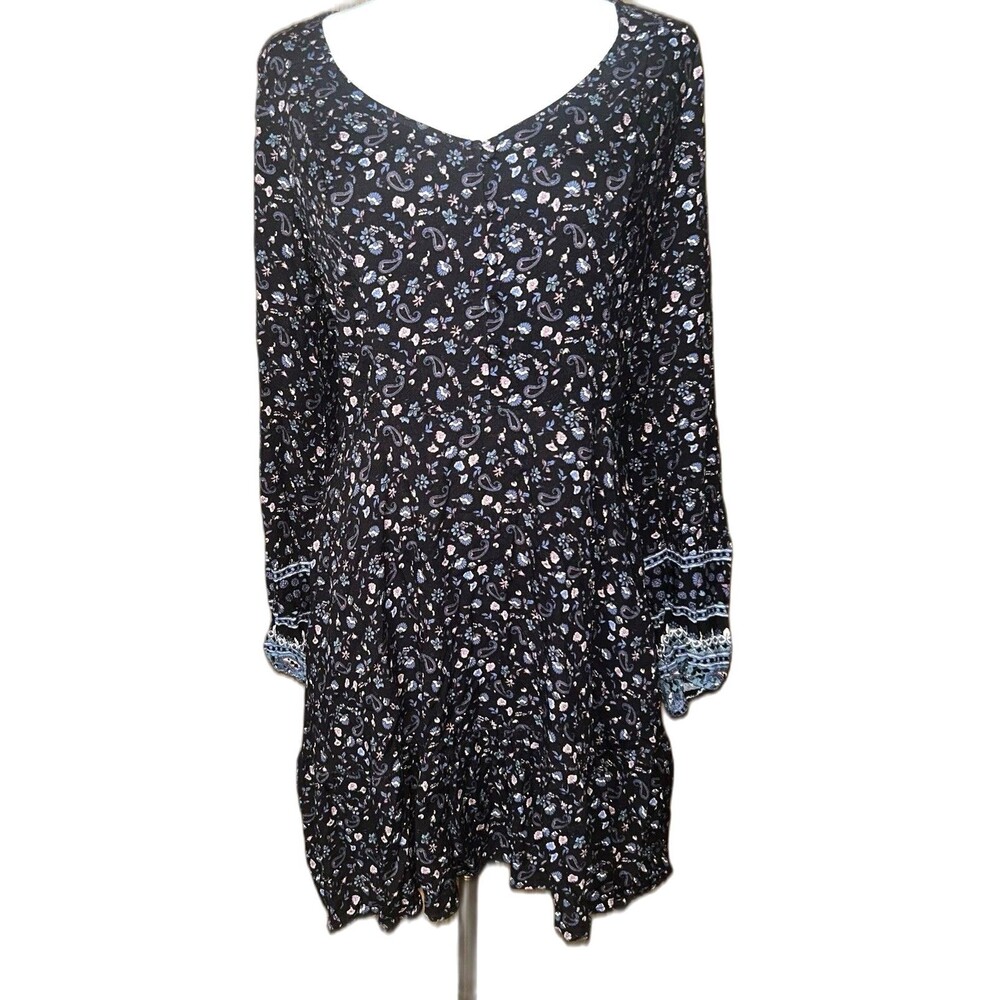 Navy Blue Floral Paisley Babydoll Mini Dress Large Boho Button Front Flowy